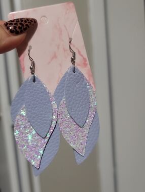 Lavender Glitter Layered Leaf Earrings - Unbranded